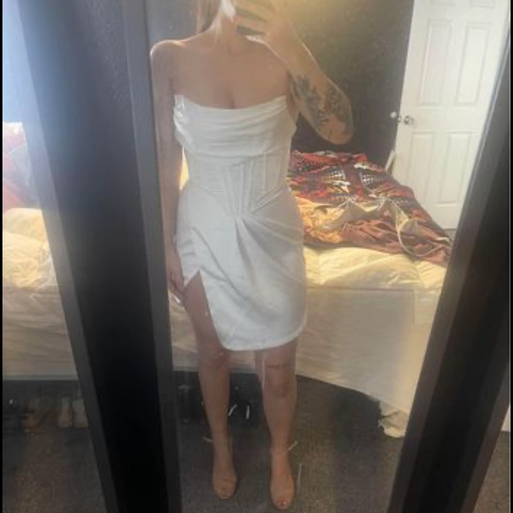 Heiress Beverly Hills white satin draped corset mini dress